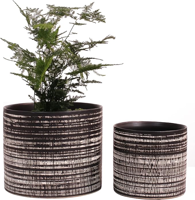Plant Pots Indoor 2 Pack, 5 & 7 Inch Ceramic Planter Pots with Drainage Hole, Set of 2 Flower Pots - Herbs/Snake/Succulent/Orchid Cylinder Plant Pot(Black)