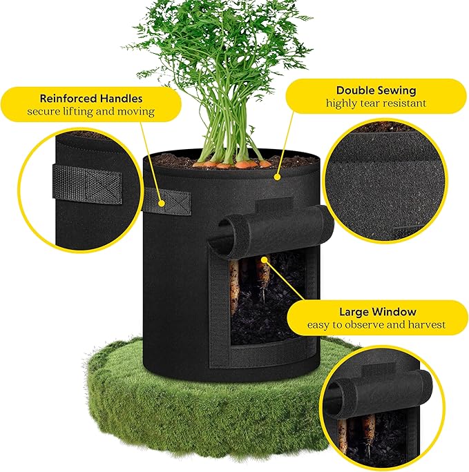 iPower GLGROWBAGWINDOW7X5X2 10-Pack 7-Gallon Potato Grow Bags Pots with Handle, Thickened Non-Woven Aeration Fabric Container, Access, 7 Gallon, Flap and Velcro Window, Easy to Harvest