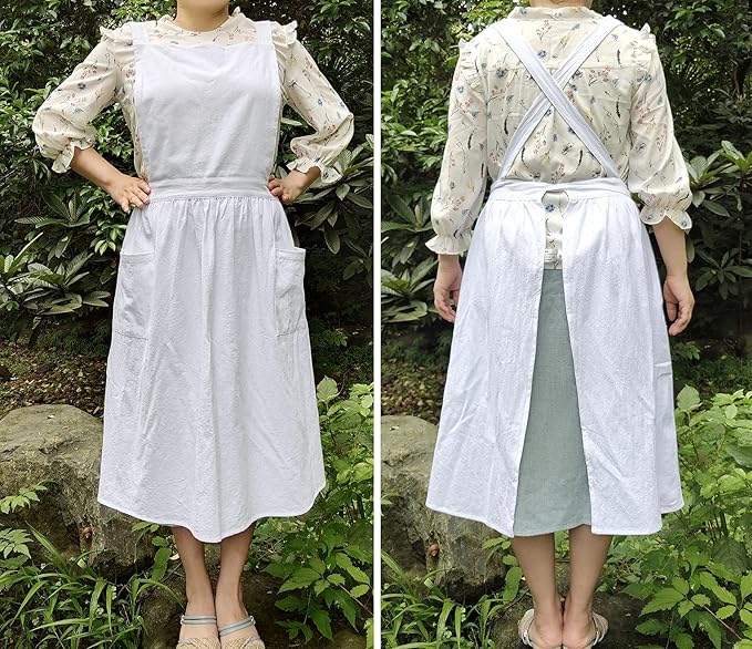 Cute Retro Cotton Linen X-Back Aprons Home Kitchen Garden Art Painting Pinafore Florist Shop Overalls