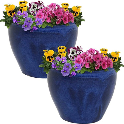 Sunnydaze Round Ceramic Planter - Set of 2 Indoor or Outdoor Plant Pots with Drainage Hole - Chalet - 12" - Imperial Blue Glaze