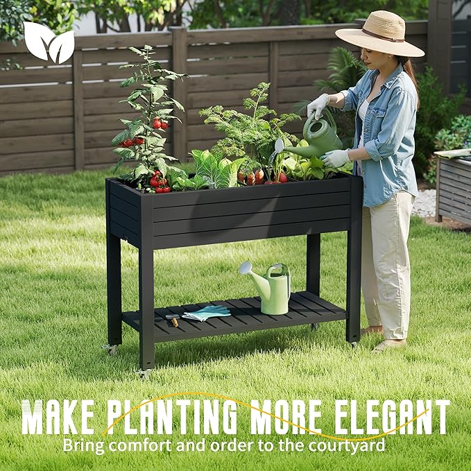 EasyUp 21 Gallon Raised Garden Bed with Legs and Wheels, Raised Planter Box with Drainage Plug and Gauge, Lower Shelf for Tools and Accessories, Dust-Proof Resin for Patio and Backyard(Black)