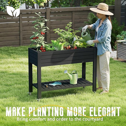 EasyUp 21 Gallon Raised Garden Bed with Legs and Wheels, Raised Planter Box with Drainage Plug and Gauge, Lower Shelf for Tools and Accessories, Dust-Proof Resin for Patio and Backyard(Black)