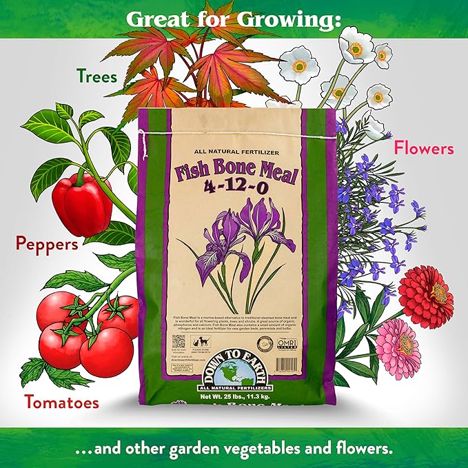Down To Earth All Natural Fertilizers Organic Fish Bone Meal - High Phosphorus Plant Food for Buds, Bulbs, Blooms, Flower Beds 4-12-0, 25 lb