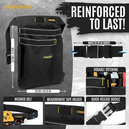 Magnetic 8-Pockets Single Side Tool Belt for Men & Women–Adjustable Quick-Release Buckle Tool Belt for Electrician, Carpenter, Plumber. (Black, Adjustable)