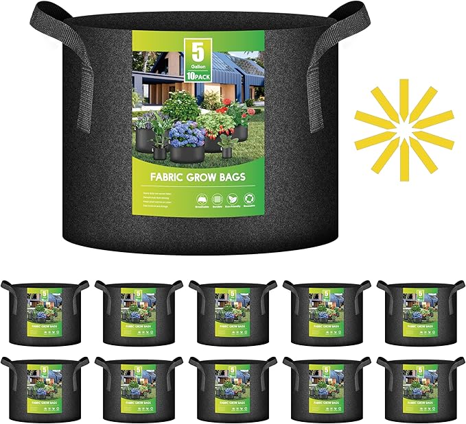 iPower 10-Pack 5-Gallon Grow Bags Nonwoven Fabric Pots Aeration Container with Strap Handles for Garden and Planting, 5 Gallon, Black