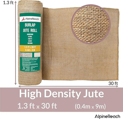 AlpineReach Burlap Fabric Roll 1.3ft x 30ft - Multipurpose Natural Burlap Fabric, Jute Fiber for Tree & Plant Root Frost Protection, Wedding Runner Decorations, Home Center Pieces, Rustic Party Décor