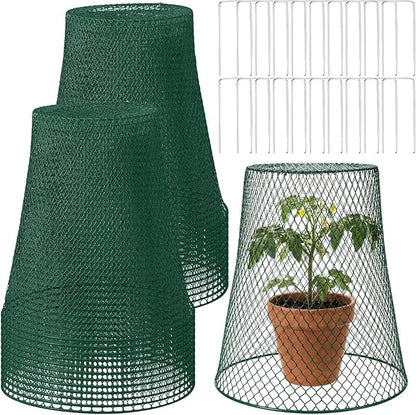Therwen 15 Pcs Large Chicken Wire Cloche Plant Protector Cover 11x12 Inch Metal Garden Cloche Dome for Plants Wire Protection Basket with Garden Stakes Plant Cages from Animals (Green)