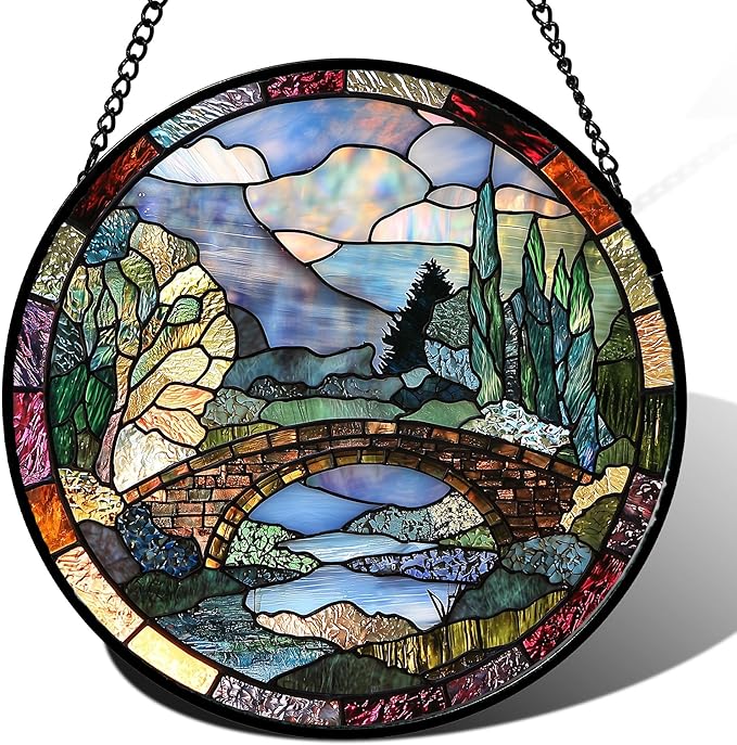 Stained Glass Window Hanging, Blue Landscape Arch Bridge Sun Catcher for Door Home Decor Suncatcher Christmas Mother's Day Birthday Gifts for Women Men Mom and Nana 9.8 in