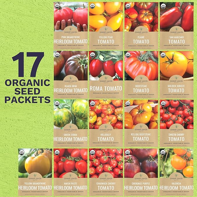 Organic Tomato Ultimate Seed Variety Pack - 17 Individual Packs - 2026 Season - Black Krim, Golden Jubilee, Cherokee Purple and More! for Indoor & Outdoor Planting (Non-GMO, Certified Organic)