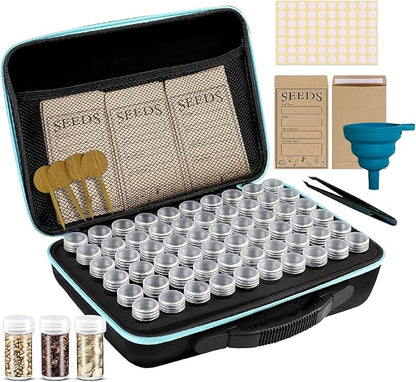 Seed Storage Organizer Box with 120 Containers, Zipper Bag, Seed Envelopes, Labels, Funnels & Tweezers – Seed Saver Storage Kit for Gardeners