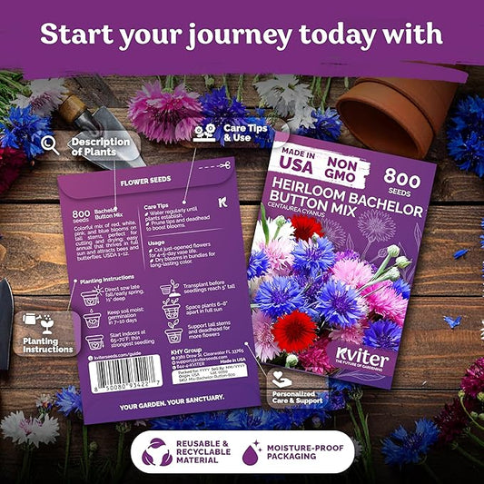 KVITER 800 Mix Bachelor Button Seeds (Centaurea cyanus) – Cornflower Seed Mix, Bachelor Buttons Wild Flowers Seed Packets – Blue Cut Flower Seeds for Planting Indoor & Outdoor Garden, Containers