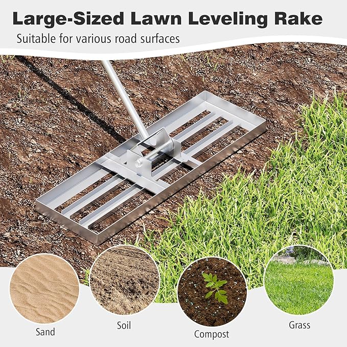 30" x 10" Lawn Leveling Rake, Heavy Duty Landscape Rake with 67" Handle, Non-Slip Grip & Flat Head, Space-Saving Lawn Level Tool for Garden, Backyard, Golf Course & Sports Field(Silver)
