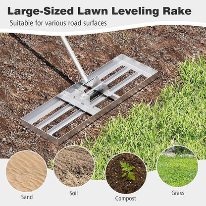 30" x 10" Lawn Leveling Rake, Heavy Duty Landscape Rake with 67" Handle, Non-Slip Grip & Flat Head, Space-Saving Lawn Level Tool for Garden, Backyard, Golf Course & Sports Field(Silver)