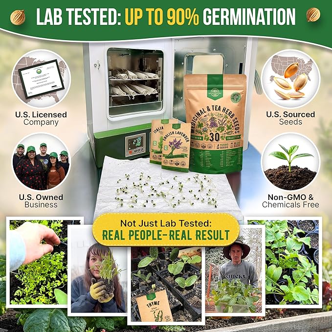 Organo Republic 30 Medicinal & Tea Herb Seeds Variety Pack 15,560+ Non-GMO Heirloom Garden Seeds for Indoor & Outdoors, Including Anise, Bergamot, Borage, Cilantro, Chamomile, Dandelion Seeds