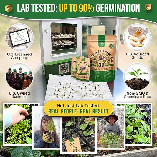 Organo Republic 30 Medicinal & Tea Herb Seeds Variety Pack 15,560+ Non-GMO Heirloom Garden Seeds for Indoor & Outdoors, Including Anise, Bergamot, Borage, Cilantro, Chamomile, Dandelion Seeds