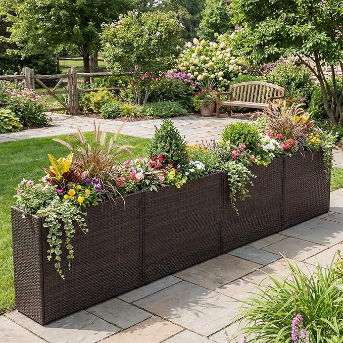 Giantex Wicker Raised Garden Bed, 32”x11”x24”, Rectangular Garden Planter Box w/PE Rattan, Liner Fabric, Wicker Patio Elevated Raised Bed for Vegetable Flower Herb Porch Balcony