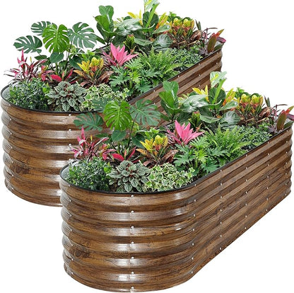 ZORMY Galvanized Raised Garden Bed Outdoor- 2PCS 6x2x1.4ft Oval Steel Raised Beds for Gardening, Metal Planter Box with Protective Strip and Gloves for Vegetables, Flowers, Fruits(Brown)
