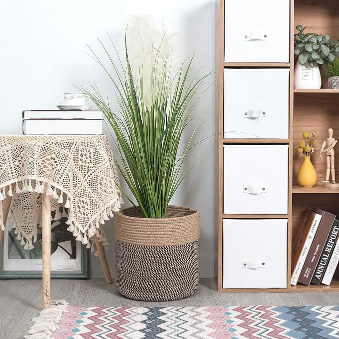 MINTWOOD Design 11 x 11 Inches Cotton Rope Basket for Flower Pot and Indoor Floor Planters, Decorative Round Woven Plant Pot Basket, Planter Covers, Small Dog Toy Storage Baskets, Black