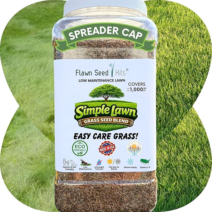 Flawn Seed Kits Simple Lawn Mow Less Fine Fescue Grass Seed, 2 Lbs, Low Maintenance Lawn, Shake to Spread, Covers up to 1000 SqFt