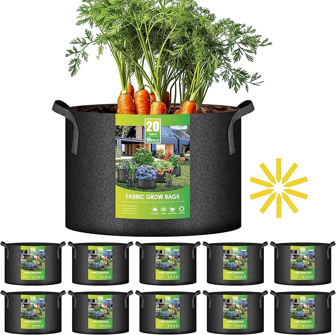iPower 10 Pack 20 Gallon Grow Bags with Labels, 300G Thickened Nonwoven Plant Fabric Pots with Handles, Aeration Garden Grow Pots for Tomato Potato Vegetables, Fruits, Flowers, Black