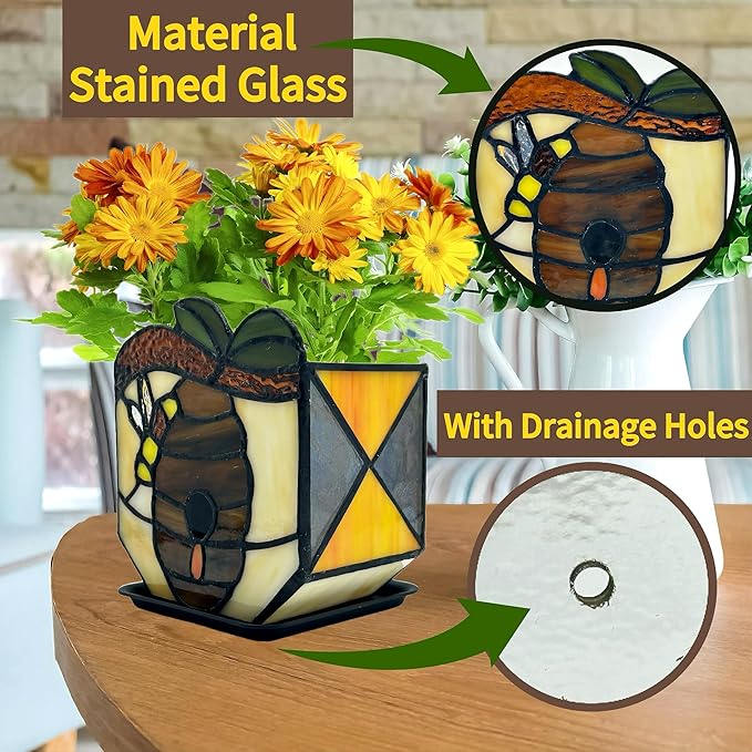 Stained Glass Bees Flower Pot, Fun Honeycomb Planter for Indoor Plants,Indoor Planters with Drainage and Tray,Cute Bee Plant Pots,Gifts for Plant Lovers