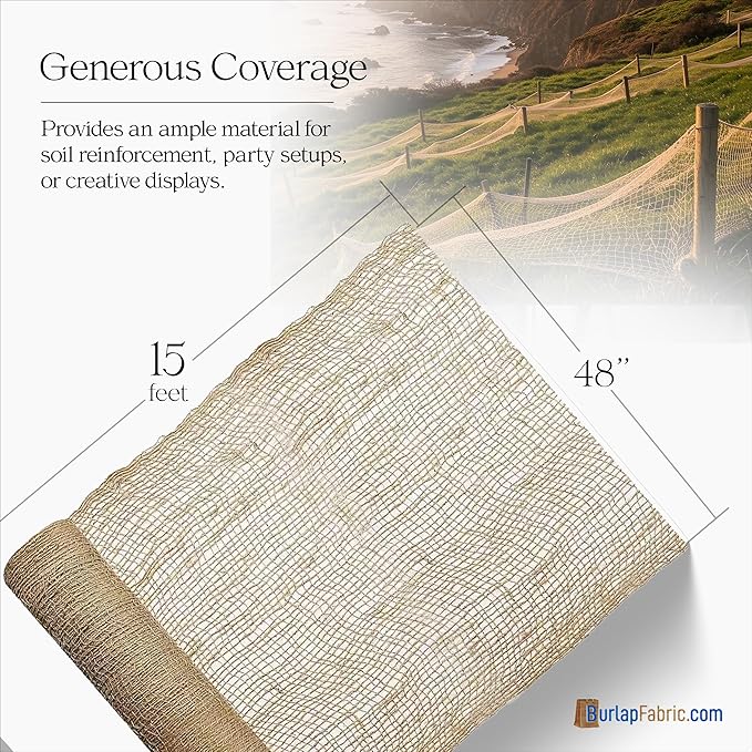 Burlap Natural Jute Netting – 48" Wide Biodegradable Mesh Fabric for Erosion Control, Mulch Retention, Landscaping, Fishing Net Decor, Ocean Party Decorations, Pirate Decor, and DIY Crafts, 15 Feet