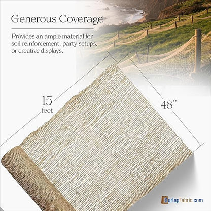 Burlap Natural Jute Netting – 48" Wide Biodegradable Mesh Fabric for Erosion Control, Mulch Retention, Landscaping, Fishing Net Decor, Ocean Party Decorations, Pirate Decor, and DIY Crafts, 15 Feet