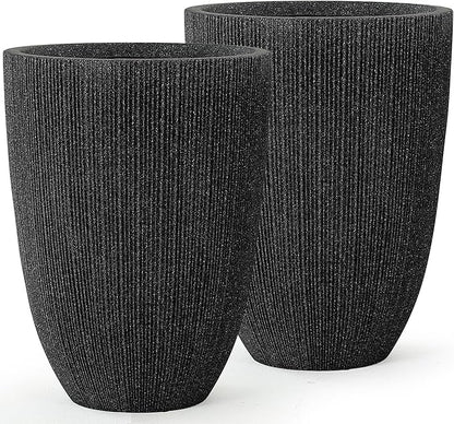 19" Concrete-Style Tall Round Planters for Indoor Outdoor Plants, Set of 2 Decorative Fluted Large Flower Pot, UV-Resistant Top-Tier Resin Planters for Garden Patio Porch Home Office Decor