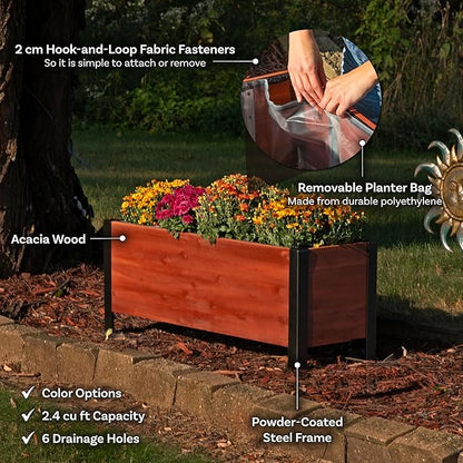Sunnydaze Acacia Wood Rectangular Planter Box - 14.75" H Wooden Raised Garden Bed with Removable Polyethylene Planter Bag - Brown