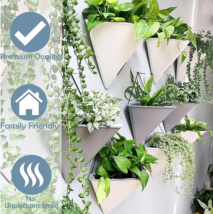 LaLaGreen Succulent Wall Planters - 2 Pack, 12 Inch Large Self Watering Wall Hanging Planters for Indoor Plants Gray Wall Mount Triangle Geometric Flower Vase Pot Black Metal Hanger Living Wall Decor