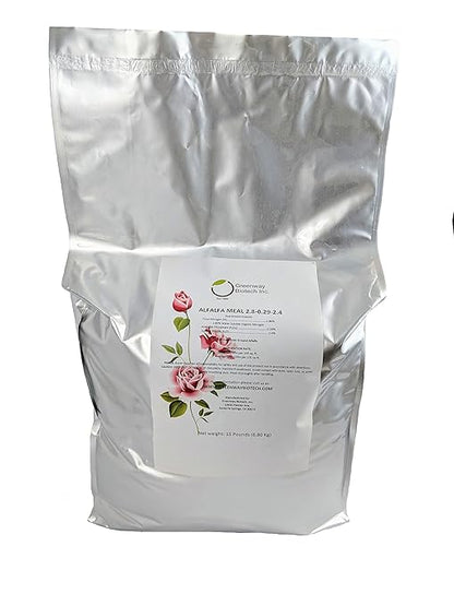 Greenway Biotech, Inc. Organic Alfalfa Meal Fertilizer 2.5-0-2.5 | Rose & Vegetable Plant Food with Triacontanol Growth Stimulant | Non-GMO, Phosphorus-Free | 15 Pounds