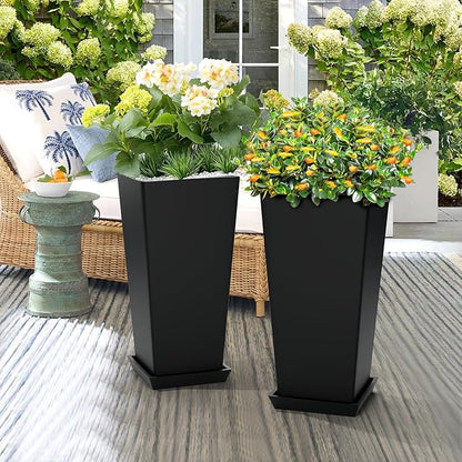 Set of 4 24" Tall Plastic Planters with Trays, Large Tapered Plant Pots for Indoor Outdoor Use, Modern Decorative Planters for Porch, Patio, Garden, and Backyard