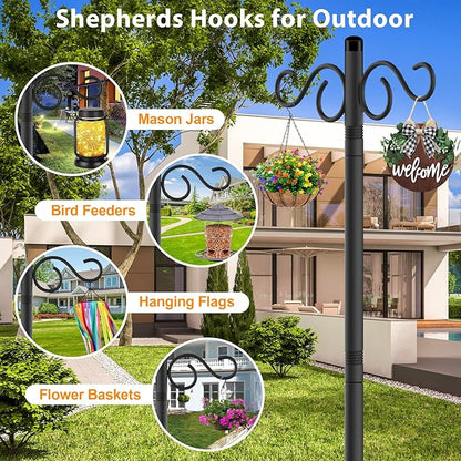 Adjustable Shepherd Hooks for Outdoor,1 Pack 110 Inch 5 Prong Base Bird Two Sided Feeder Poles,Heavy Duty Shepherds Hook,Suitable for Garden in Hanging Flower Basket,Lantern,Bird Nests