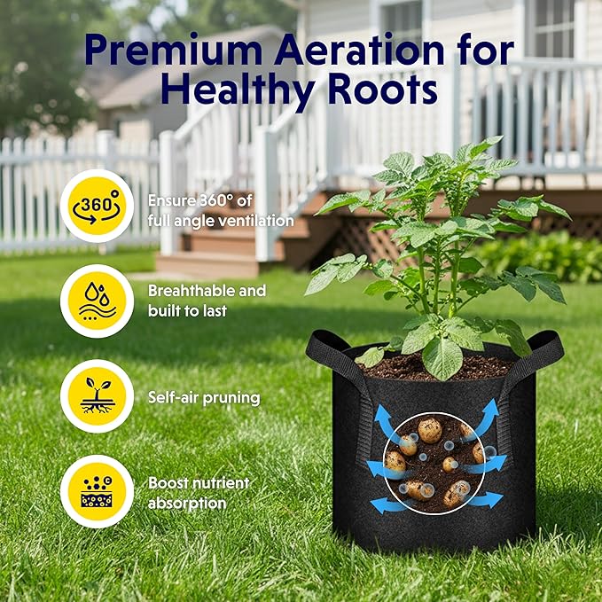 iPower 3 Gallon 10 Pack Grow Bags Nonwoven Fabric Pots Aeration Container with Strap Handles for Garden and Planting, 10-Pack Black, 3 Gallon