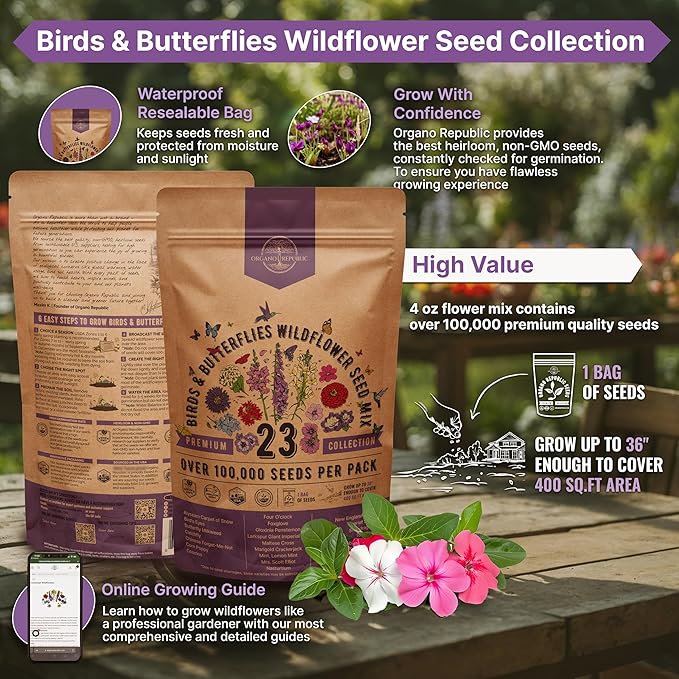 Organo Republic 23 Wildflower Seeds Annual & Perennial Mix for Indoor & Outdoors, Attract Birds & Butterflies 100,000+ Non-GMO, Heirloom Garden Seeds, 4oz Packet for Growing Wild Flowers (Pack of 2)
