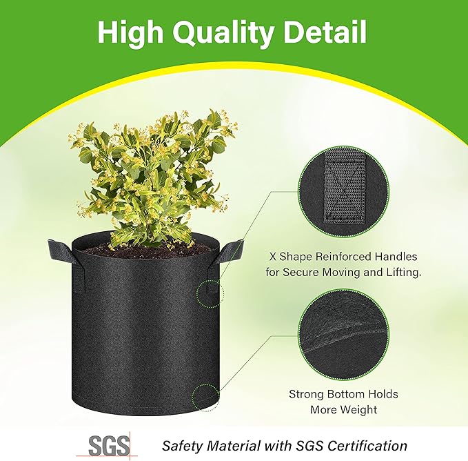 HealSmart 6-Pack 2 Gallon Nonwoven Grow Bags, Aeration Fabric Pots with Handles, Suitable for Garden Fruits, Vegetables and Flowers, Black