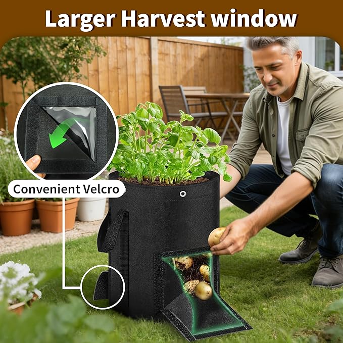 10 Gallon Grow Bags 4-Pack with Viewing Window & Harvest Flap, Heavy Duty Non-Woven Fabric Potato Grow Bags with Reinforced Handles for Vegetables, Tomatoes, Carrots, Onions