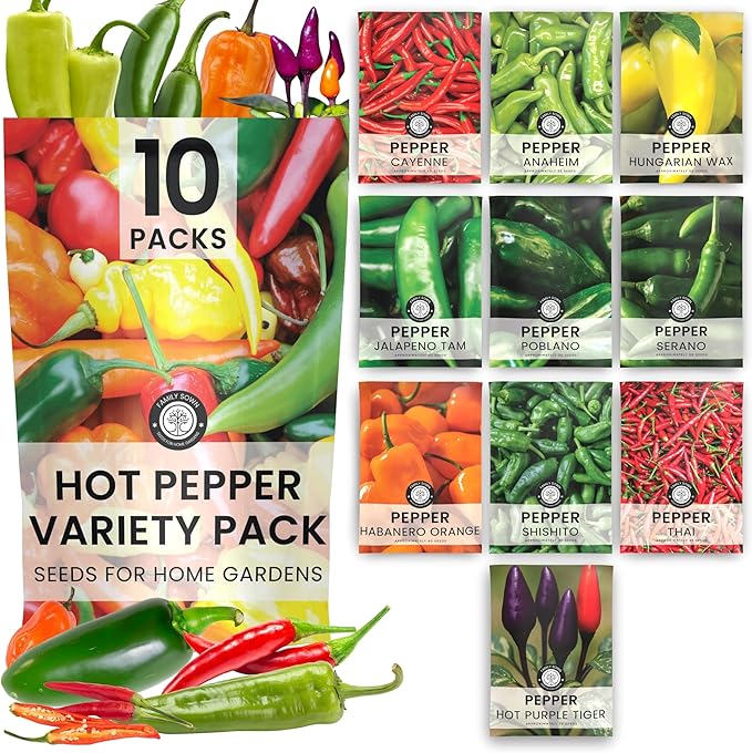 Hot Pepper Seeds | 10 Individual Packs | 2026 Season | Non-GMO | Cayenne, Habanero, Thai Pepper, Poblano & More! | for Planting Indoor & Outdoor | by Family Sown