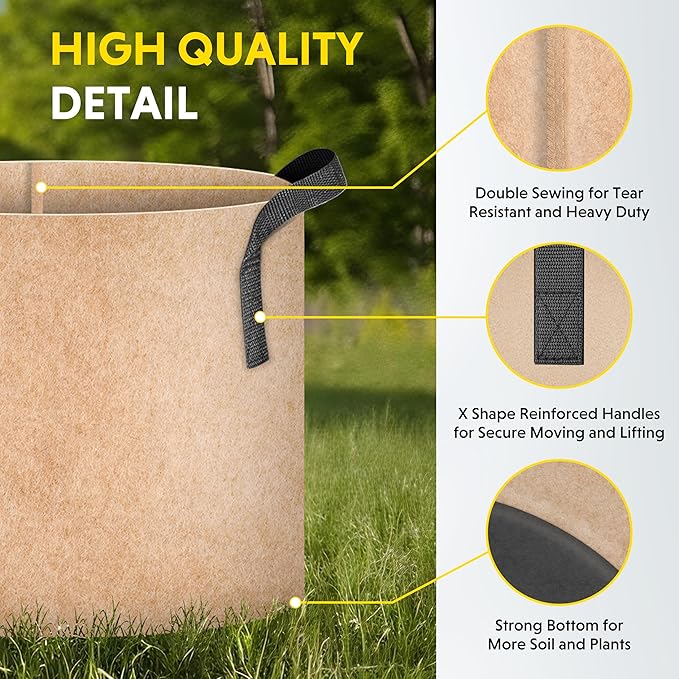 iPower 20-Pack 5 Gallon Grow Bags 300G Thick Nonwoven Aeration Fabric Pots Heavy Duty Plant Containers with Handles for Garden Planting, Tan