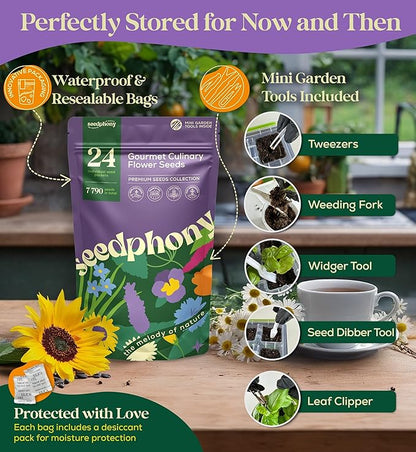 24 Gourmet Culinary Flower Seeds Variety Pack - 7,790+ Non-GMO Heirloom Flower Seeds for Planting Indoor & Outdoor Home Garden - Culinary Flowers Seed Packets for Planting Edible Flowers