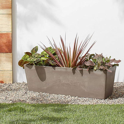 Arcadia Garden Products U65TP Plastic/Stone/Wood Composite Simplicity Window Box, No Drainage Hole (Drillable), Wide Tapered Planter, Patio Plant Container, Indoor Outdoor Planter, 25.5" x 9, Taupe