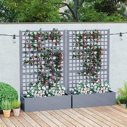 Outsunny Galvanized Raised Garden Bed with Trellis, Metal Planter Box with Drainage Holes, Outdoor Privacy Screen for Climbing Plants, Vegetable, Vines, 43" x 16" x 70", 2 Pack, Gray Wood Effect