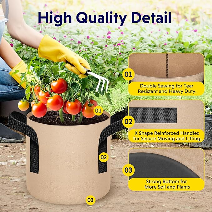 iPower 5 Pack 1 Gallon Tan Grow Bags, Garden Planting Nonwoven Fabric Pots with Reinforced Handle, Heavy Duty and Aeration Planter Pot for Tomato, Fruits, Vegetables and Flowers