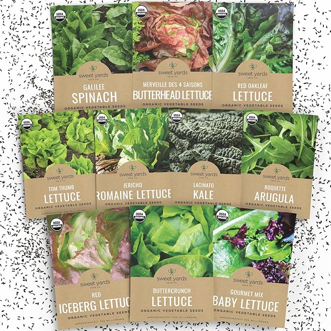 Organic Lettuce & Greens Seeds Variety Pack - 10 Individual Packs - 2026 Season - Buttercrunch, Arugula, Romaine, Kale and More! for Indoor & Outdoor Planting (Non-GMO, Certified Organic)