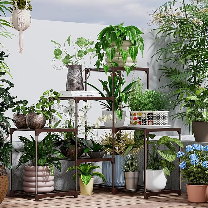 Plant Stand Indoor Outdoor Plant Shelf Stand, 3 Tiers 9 Pots Large Potted Metal Flower Plant Rack for Multiple Plants, Hanging Tall Planter Holder for Patio Balcony Living Room Corner Porch Garden Boho Decor Brown