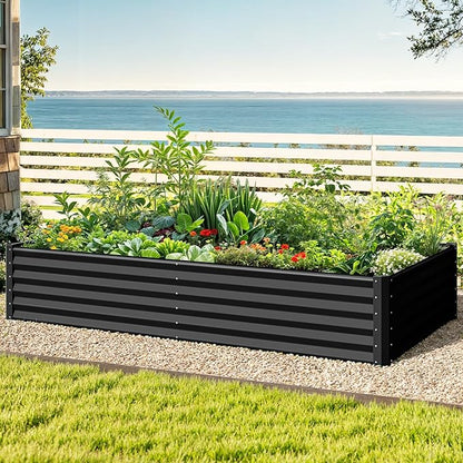 DWVO 2pcs 8 x 4 x 1.5 FT Raised Garden Bed Kit, Outdoor Galvanized Flower Bed with Safety Rubber and Gloves, Large Metal Planter Box for Vegetables, Flowers, Herbs, Fruits, Black