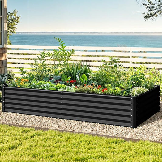 DWVO 2pcs 8 x 4 x 1.5 FT Raised Garden Bed Kit, Outdoor Galvanized Flower Bed with Safety Rubber and Gloves, Large Metal Planter Box for Vegetables, Flowers, Herbs, Fruits, Black