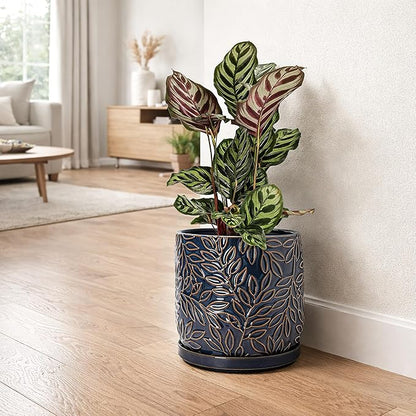 D'vine Dev 8 Inch Embossed Leaves Stoneware Planter Pot with Drainage Hole and Saucer, Midnight Blue, 27-A-Q-3