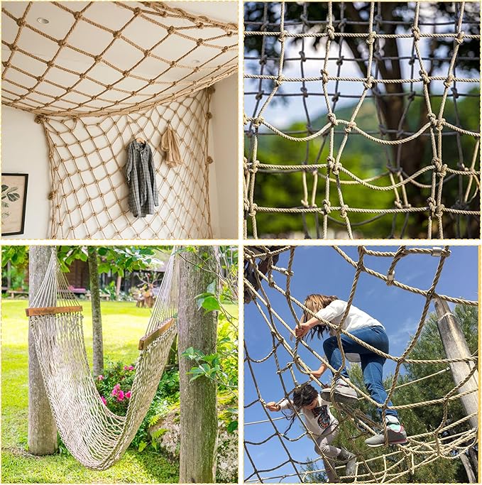 Jute Hemp Rope Net,Heavy Duty Natural Safety Rope Netting Balcony Stairs Fence Garden Playground Protection Net Indoor & Outdoor Decoration Rope Netting (6.5FT*9.8FT)