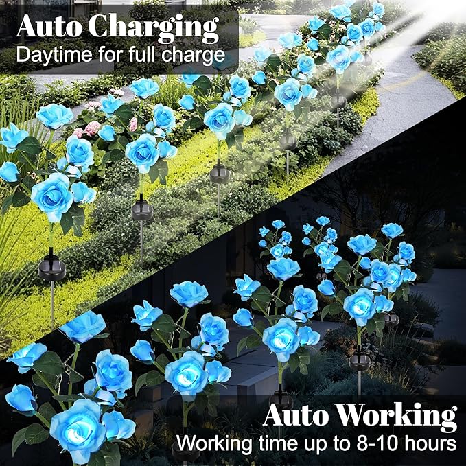 Solar Rose Lights Outdoor, 2 Pack with 14 Rose Flowers Waterproof Color Changing LED Flower Lights, Solar Powered Garden Stakes for Yard, Patio, Pathway Decor - Artificial Floral Decorative Lighting